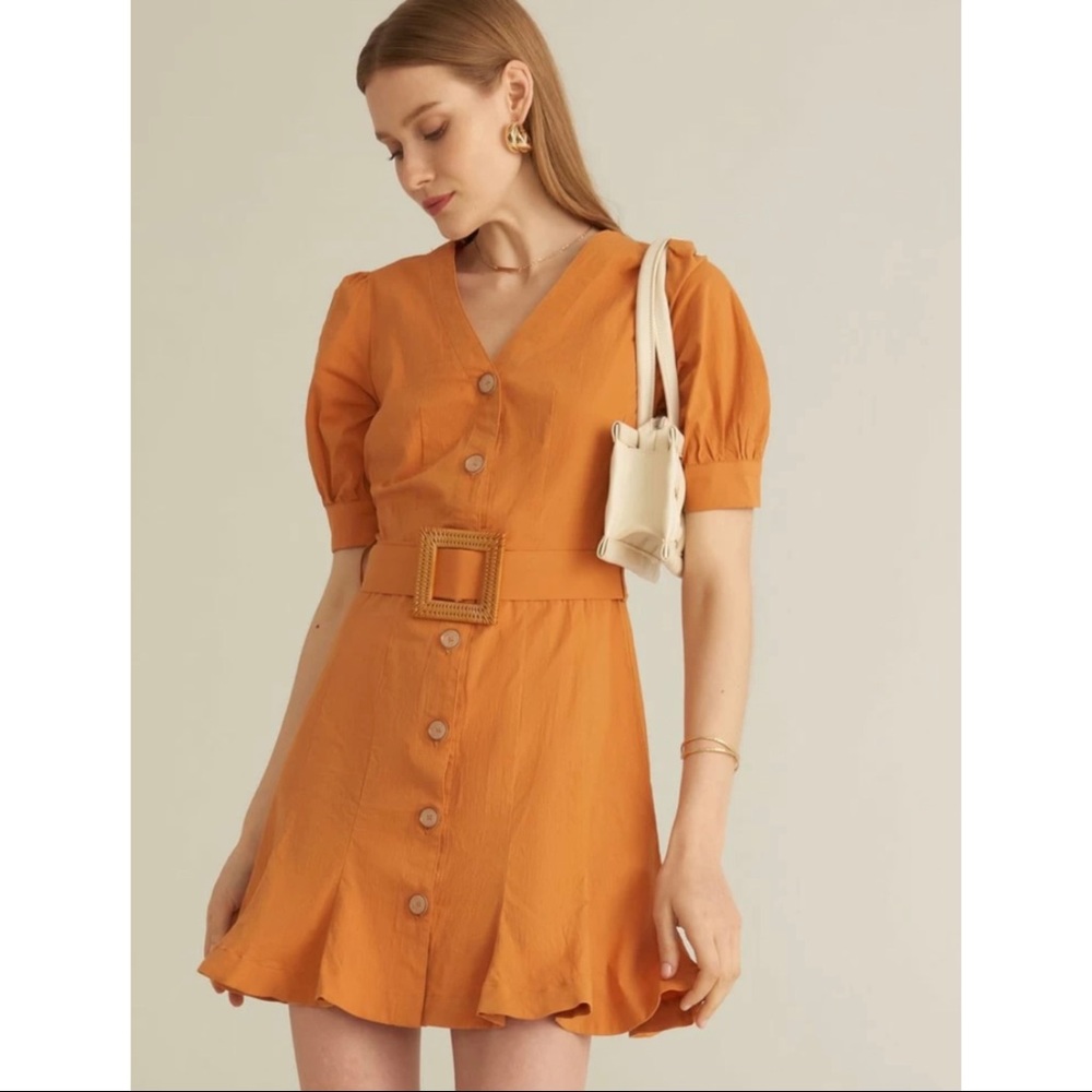 Button front buckle belted boho dress